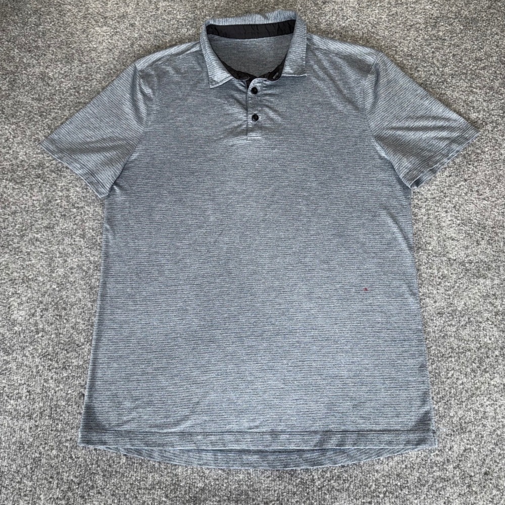 Lululemon Polo Shirt Striped Gray Blue Mens Medium Athletic Fit Performance Golf